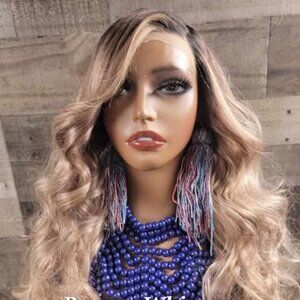 24 inch dark brown roots and ashy ashy blonde wig